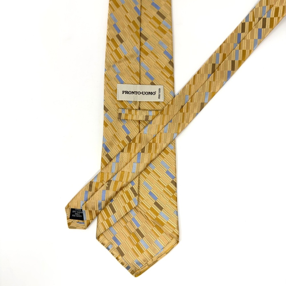 Pronto Uomo Silk Tie Geometric Gold Blue Brown‎ 59.5 Inch